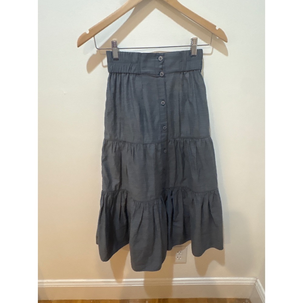 Brochu Walker Gray Tiered Midi Skirt‎ Button Front Elastic Waist XS Charcoal